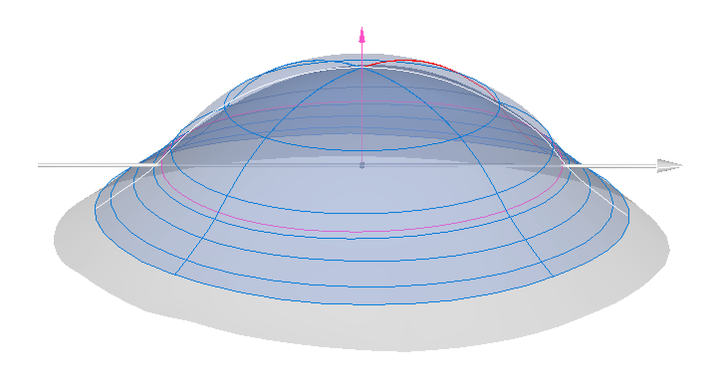 3D model of the designed lens fitted on the eye map inside LensLab, seen from an angled perspective with reference axes