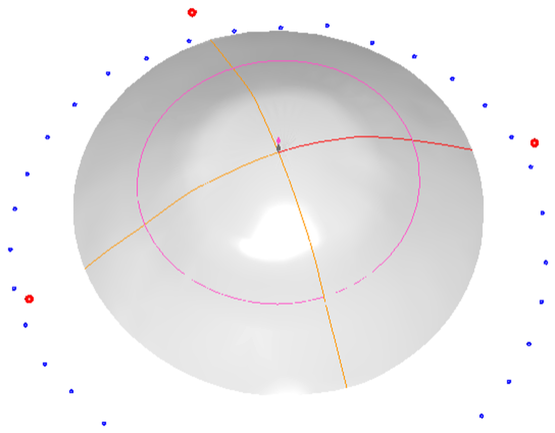 3D model of the imported ocular surface inside LensLab with reference axes and measurement points